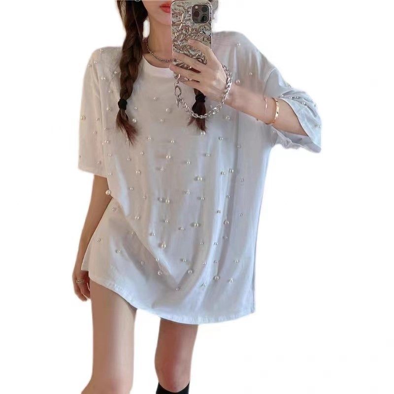 大码胖MM夏设计感珍珠铆钉网红甜辣风BF潮中长款圆领宽松短袖T恤,淘宝优惠券,粉丝福利购,淘宝优惠卷