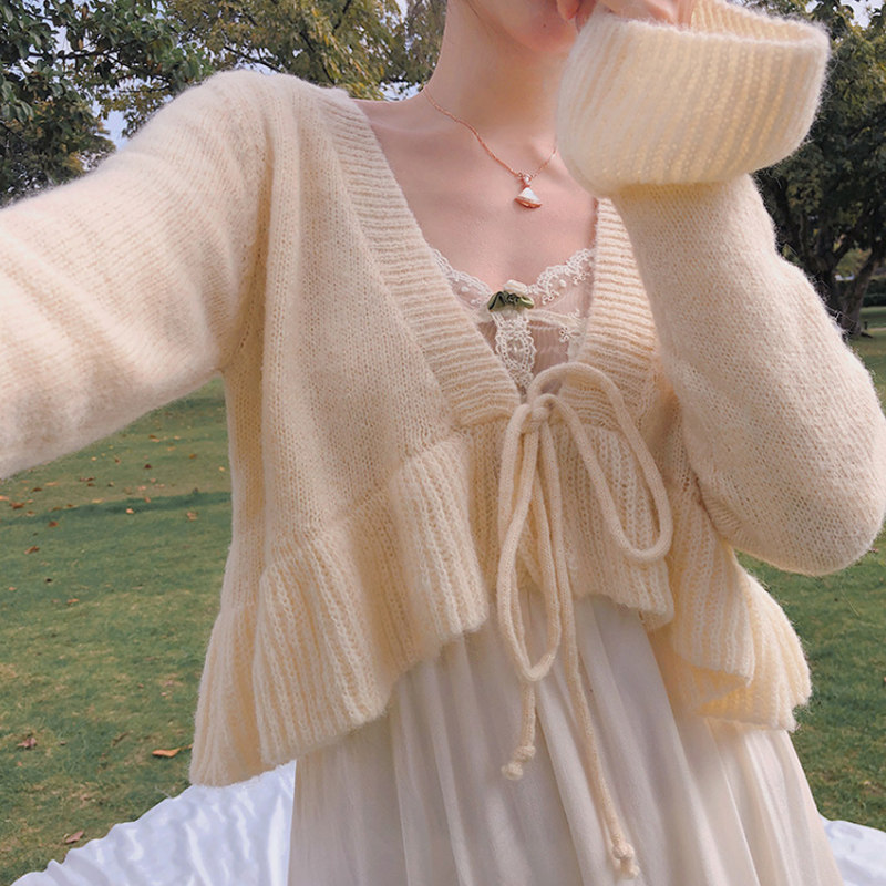 短款温柔风系带毛衣开衫女早秋宽松外穿薄款喇叭袖针织马海毛外套,淘宝优惠券,粉丝福利购,淘宝优惠卷