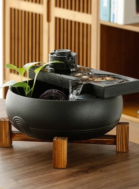 循环流水摆件创意风水车陶瓷家z用茶桌办公室假山小型时来运转送