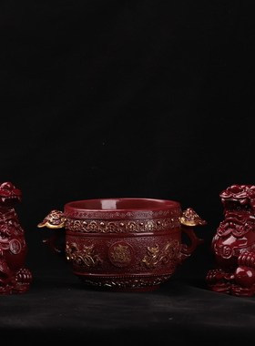 朱砂聚宝盆招财纳福公母一对貔貅家用工艺品百财纳福客厅桌面摆件