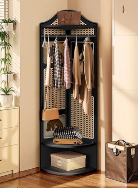 实木转角衣帽架墙角落地装饰摆件中古风卧室挂衣架床头放衣服架子