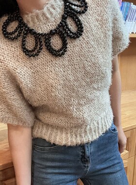 俏皮女孩~黑色串珠大花瓣黑色少女可爱气质项链颈链