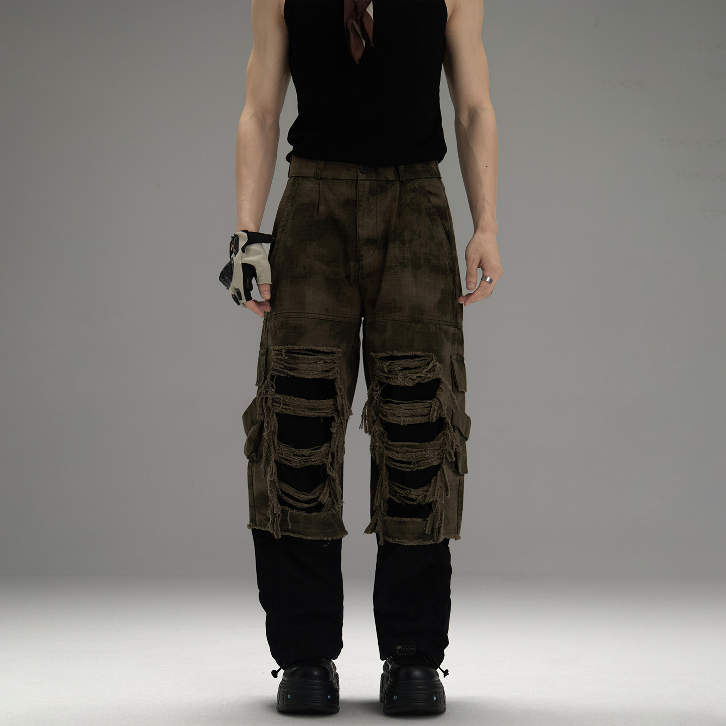 GALAXOR 美式复古假两件工装裤宽松小众撞色拼接军绿迷彩牛仔长裤,淘宝优惠券,粉丝福利购,淘宝优惠卷