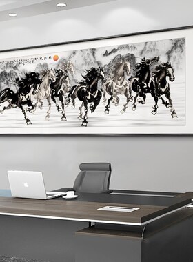 八骏图客厅挂画手绘办公室装饰画马到成功高档大气沙发背景墙壁画