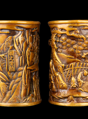 卓好 仿古铜笔筒摆件 浮雕款铜笔筒摆件之羲之爱鹅