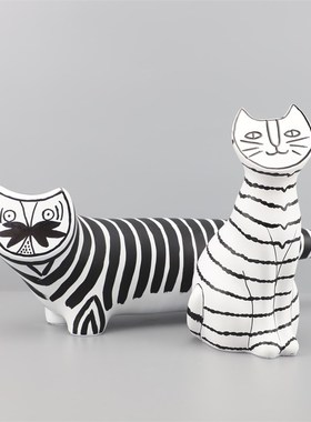 创意黑白坐姿条纹猫摆件样板房家居电视柜儿童房艺术工艺软装饰品