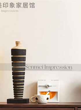 森美侘寂风花瓶木质摆件中古高脚花器居家民宿电视柜复古装饰品