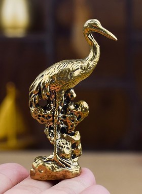 黄铜松鹤延年仙鹤摆件装桌面饰品送长辈祝寿小摆件茶宠创意小礼物