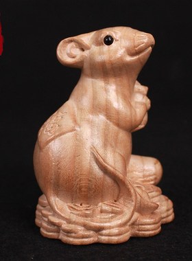 桃木鼠摆件十二生肖鼠老鼠招财客厅办公室卧室木雕汽车工艺品手工