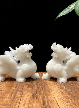 天然玉石貔貅摆件招财一对客厅店铺家居办公室装饰白玉皮丘纯手工
