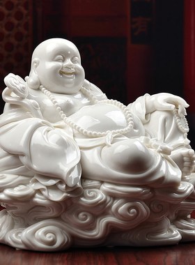 东方泥土《祥云笑佛》德化白瓷弥勒佛雕塑艺术工艺品中式家居摆件