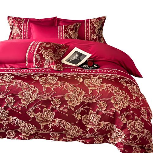 高档中式结婚四件套大红色新婚床单被套纯棉婚庆床上用品婚房陪嫁 - 图3