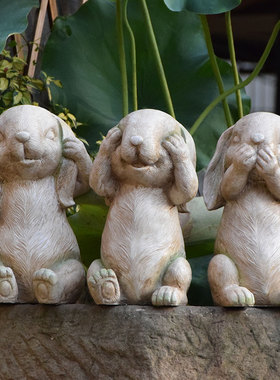 不听不看不说兔子杂货花园庭院装饰桌面摆件复古做旧乡村园艺景观