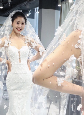 新娘头纱主婚纱森系重工珍珠蕾丝奢华超长款拖尾软纱旅拍2023新款