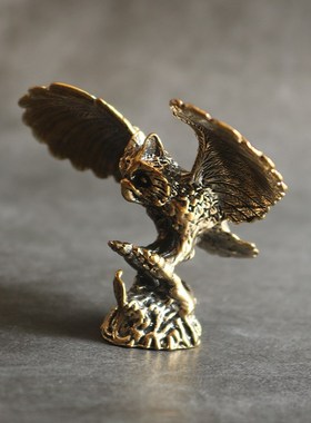 复古实心纯黄铜办公桌面车载小摆件猫头鹰随身工艺品手把玩件