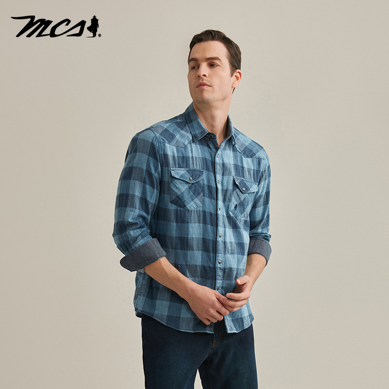 MCS男装源自万宝路春秋款合身休闲格子长袖牛仔衬衫舒适透气衬衣,淘宝优惠券,粉丝福利购,淘宝优惠卷