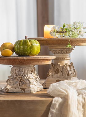 实木圆形底座复古田园雕刻工艺品架茶盘果盘香薰盘