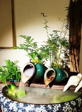 庭院造景古法养鱼流水陶罐鱼缸配件水车装饰循环生态鱼缸景观喷泉