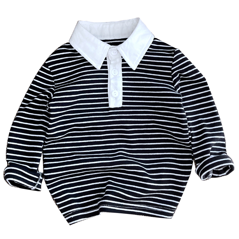 温雅学院腔调儿童新款长袖条纹衬衫宝宝男女童白色翻领T恤打底衫 - 图2