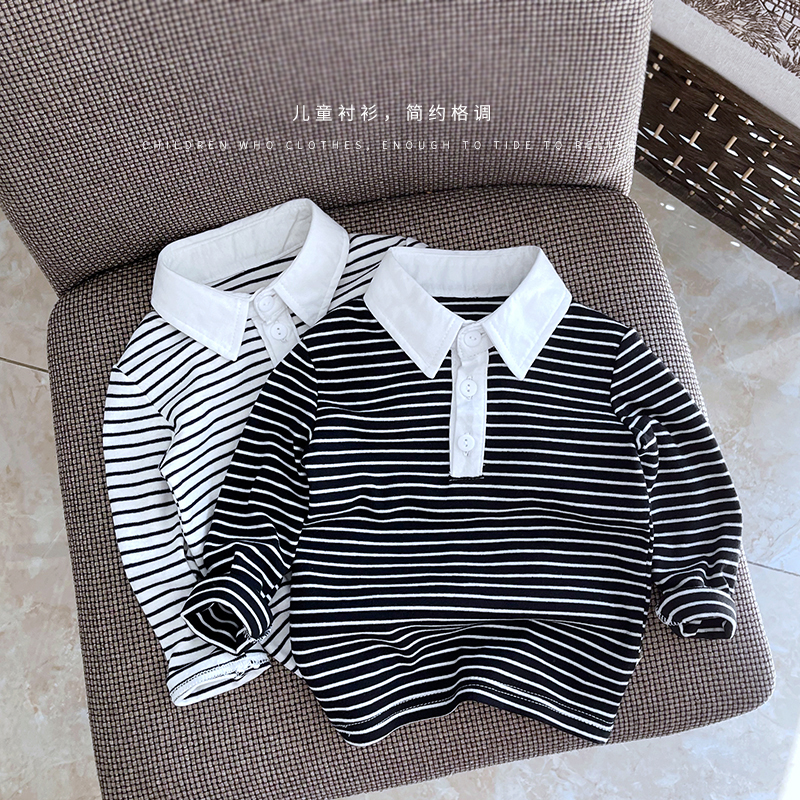 温雅学院腔调儿童新款长袖条纹衬衫宝宝男女童白色翻领T恤打底衫 - 图0