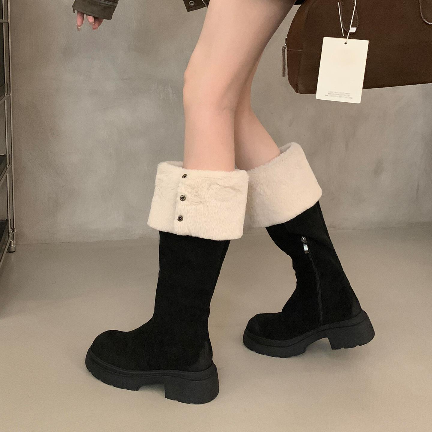 羊羔毛长筒靴雪地靴子女2025冬新款小个子厚底增高保暖加绒骑士靴 - 图3