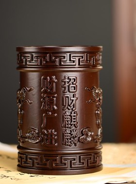 黑檀木雕麒麟笔筒工艺品办公室书桌家居客厅木质笔筒送礼