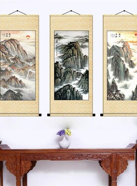 山水画靠山图泰山日出挂画稳如泰山丝绸卷轴画玄关国画饰画