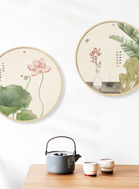 茜牡 新圆形挂画工笔现代鸟实木框墙饰茶室玄关装饰画