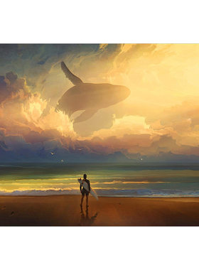 现代云层中的梦幻飞天鲸鱼客厅房间卧室挂画壁画框画饰画