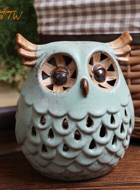 复古乡村风格陶瓷釉面猫头鹰装饰烛台创意家居