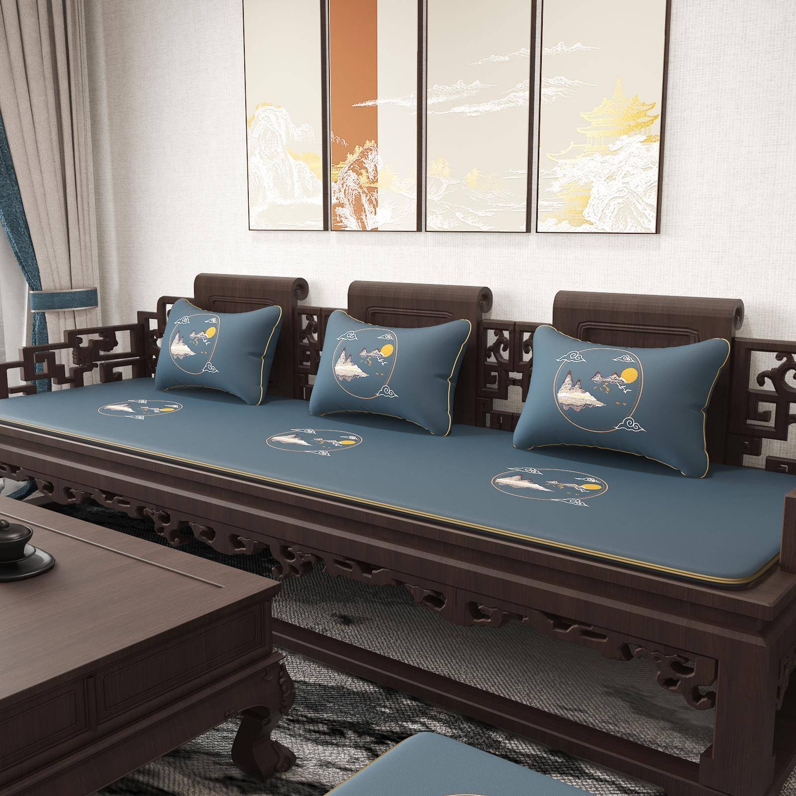 新中式红木沙发坐垫夏季凉席客厅实木椅子垫餐桌垫茶椅垫防滑定制 - 图1