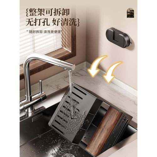 胡桃木吸盘刀架置物架免打孔厨房壁挂菜刀具勺子筷子筒一体收纳架 - 图3