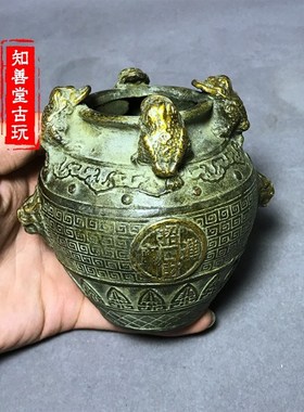 古玩铜器收藏 黄铜铜器  金蟾貔貅招财铜罐 招财进宝