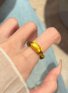 【琥珀指间】法棍喵虎眼蹦迪珠弹力戒指女小众设计百搭个性食指戒