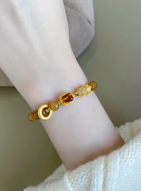 糖色蜜蜡花丝小葫芦黄水晶手链女新中式金色平安扣仿玉多宝手串女