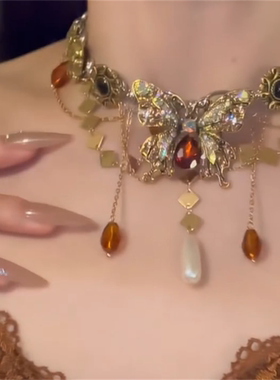 美拉德蝴蝶项链棕色2025新款轻奢小众设计锁骨链choker颈链配饰品