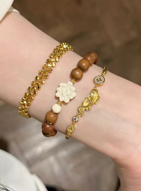 「年年有鱼」新中式金色拉丝锦鲤铜钱棕绳手链女复古编织手绳手饰