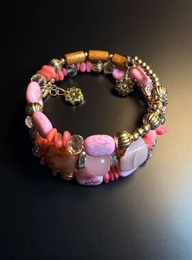 旧时笺 Vintage古着Tribal Bead波西米亚风粉色多层手链 叠戴手饰