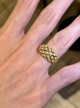 中古vintage黑金点钻菱格宽面戒指时尚轻奢精致高级百搭食指戒女