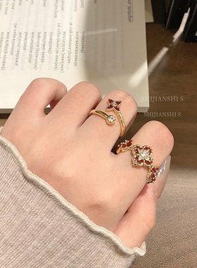 红色开口戒指女轻奢小众精致食指戒超好看独特漂亮指环开口可调节
