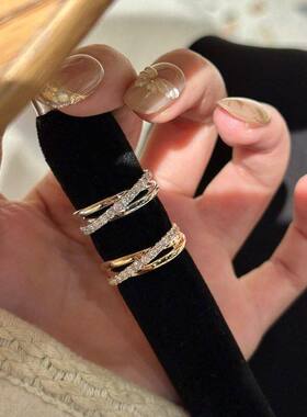 「星轨交织」复古金色三环排钻戒指轻奢高级感简约精致百搭食指戒