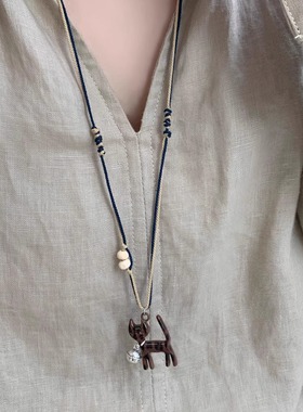 秋冬铃铛豹纹小猫双股编绳吊坠项链女配饰复古轻奢小众长款毛衣链