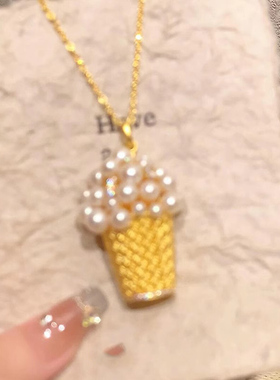 中古金色编织珍珠吊坠项链