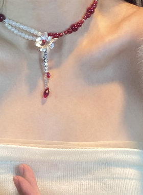 珍珠花朵流苏复古小众锁骨链女