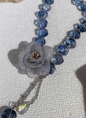 法式优雅白色百合花双层灰珍珠choker项链女小众气质轻奢颈链配饰