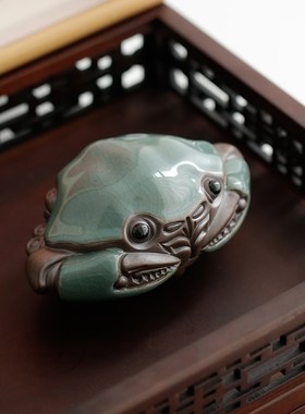 创意仿真螃蟹哥窑开片茶宠茶玩陶瓷摆件工艺品招财可养茶桌装饰品