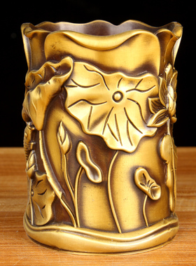 仿古色鱼戏莲叶间铜笔筒 铜祥龙笔筒 大展宏图笔筒