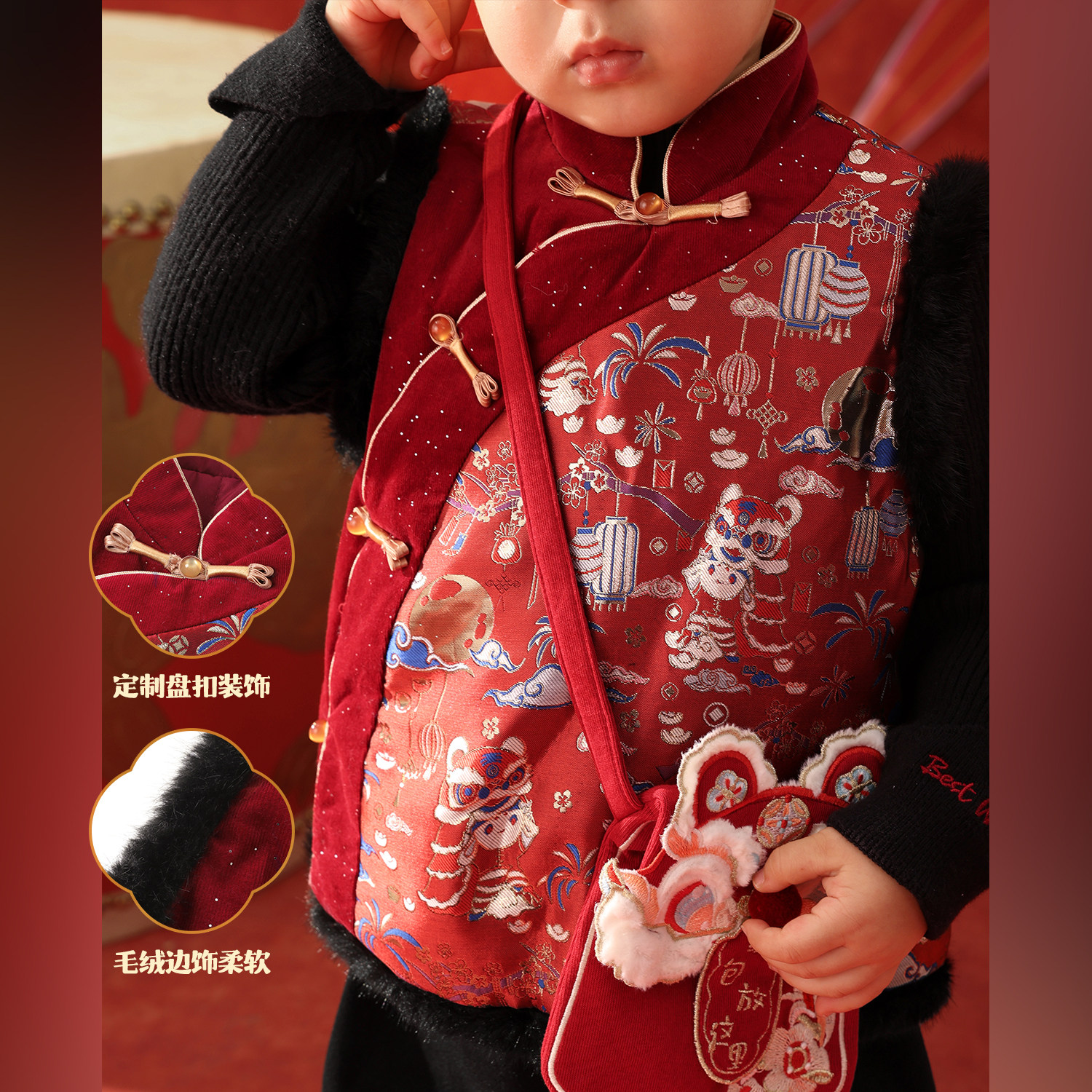 小O爸婴童 男宝年服唐装三件套2025冬季新款婴儿新中式外套马甲裤,淘宝优惠券,粉丝福利购,淘宝优惠卷