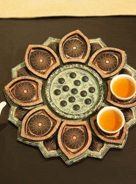 新中式饰品功夫茶具台花茶茶庄家会所工艺品摆件摆设茶盘莲花