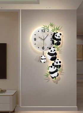 客厅熊猫摇摆挂钟饰画电视背景墙创意时钟挂墙钟表挂画